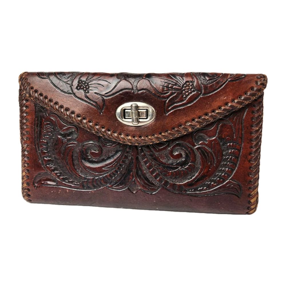 Vtg Hand Tooled Wallet Clutch Womens‎ Western Cowgirl Boho Southwestern Floral